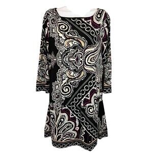 WHBM Black Paisley Print 3/4-Sleeve Flounce Jersey Dress Size M Shift Dress
